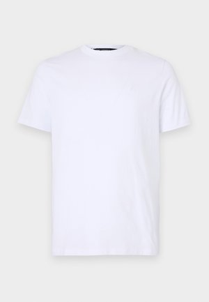 White cotton t-shirt with short sleeves, round neckline, featuring a subtle embossed logo on the left chest, smooth texture.