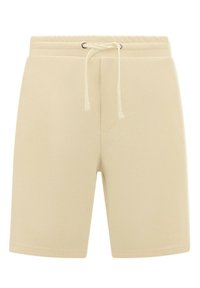 Beige shorts met een elastische tailleband, koord en een gladde textuur. Ze hebben een klassieke snit met rechte pijpen en geen zakken.