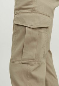 Beige cargo pants featuring a side pocket with a flap, tailored seams, and a smooth cotton texture. Stitching is visible along the edges.