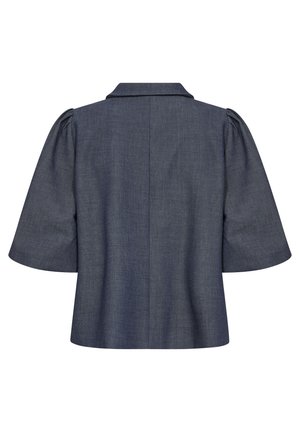 Denim-blus i mörkblått med korta, puffade ärmar, vikkrage och rak skärning. Slät textur med en ren, minimalistisk design.