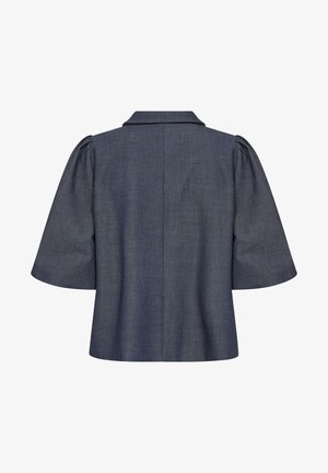 Blusa de mezclilla en azul oscuro con mangas cortas abullonadas, cuello con muesca y corte recto. Textura suave con un diseño limpio y minimalista.
