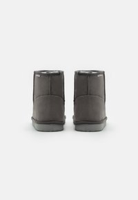 Stivaletti alla caviglia in suede grigio con una morbida fodera in pelliccia, suole in gomma piatta e senza parti metalliche visibili. Texture liscia con cuciture rinforzate.