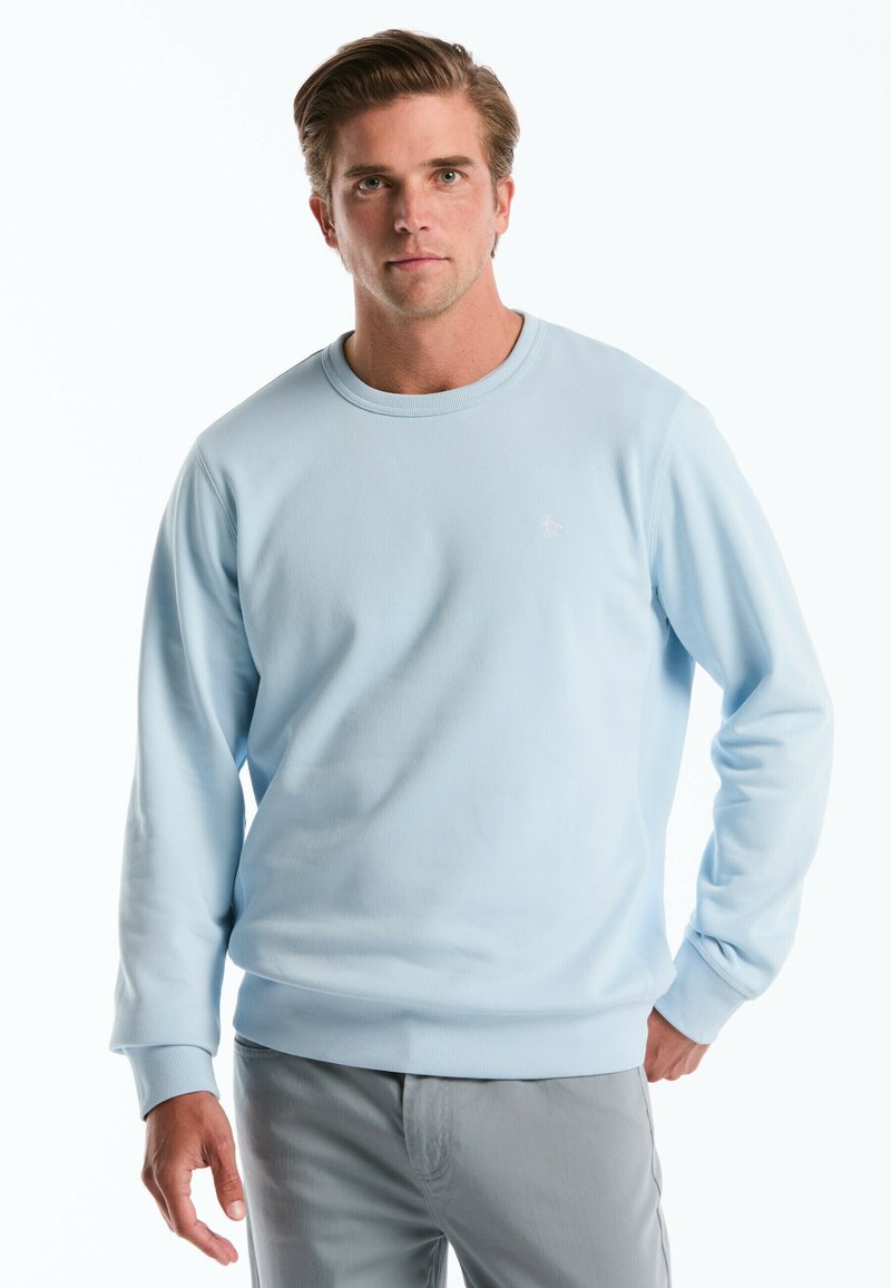 Lichtblauwe sweatshirt met lange mouwen, ronde hals, ribgebreide manchetten en een klein geborduurd logo op de borst, gemaakt van zachte, gladde stof.