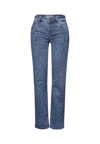 Jean bleu taille haute avec un motif léopard sombre subtil, fermeture à boutons et zip à l'avant, et coupe droite.