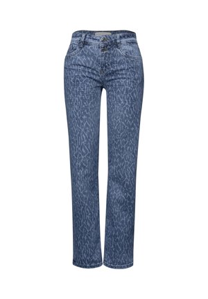 Modré džíny s vysokým pasem a jemným tmavým leopardím vzorem, s předním knoflíkovým a zipovým zapínáním a rovnými nohavicemi.