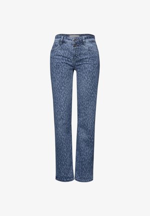 Jean bleu taille haute avec un motif léopard sombre subtil, fermeture à boutons et zip à l'avant, et coupe droite.
