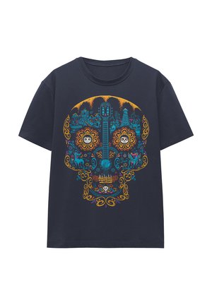 Navy T-shirt featuring a colorful skull design with floral and guitar motifs, intricate detailing, and contrasting blue, orange, and yellow colors.