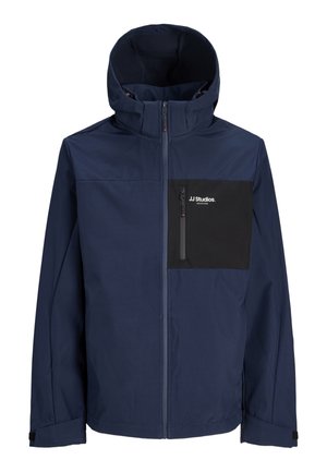 Μπλε ναυτικό μπουφάν με κουκούλα, πλήρες φερμουάρ μπροστά και μαύρη τσέπη στο στήθος με λογότυπο "JJ Studios" και κάθετο φερμουάρ.