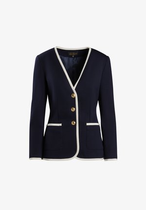 Marineblazer met witte biezen, V-hals, vier gouden knopen, twee voorzakken en textielstructuur. Klassiek tailormade design.