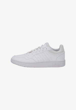 White athletic shoes with a smooth leather upper, mesh accents, and a flat rubber sole. Features three vertical stripes on the side.