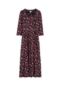 Haljina s cvjetnim uzorkom, dugim rukavima, okruglim izrezom i skupljenim strukom. Crna pozadina s uzorcima ružičastih i crvenih listova. Mekana tekstura tkanine.