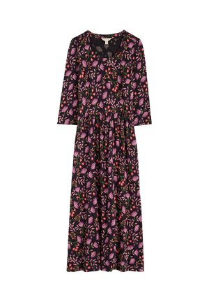 Ziedu raksta kleita ar garām piedurknēm, apaļu kaklu un savilktu jostasvietu. Melna fona ar rozā un sarkanu lapu rakstu. Mīksta auduma tekstūra.