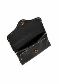Black leather wallet with a textured finish, open view showing one main compartment, accented with cream stitching and a gold snap closure.