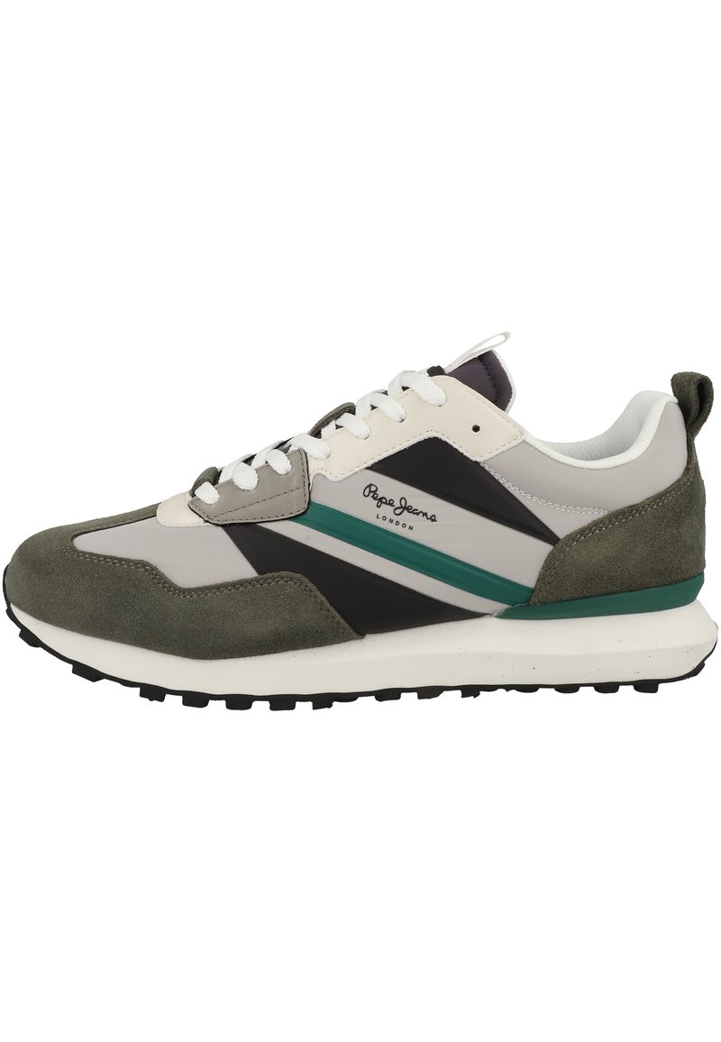 Gröna och grå atletiska sneakers med en mix av mocka och syntetiska material, med en svart rand och teal-accent. Vita skosnören och gummisula.