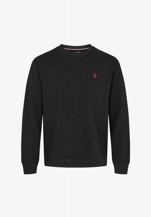 Must Black sweatshirt pehmest kangast, pikka varrukatega, ümmarguse kaeluse, väikese punase logo ja ribaga mansettide ning allääriga.