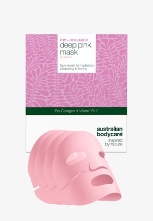 Opakowanie czterech głęboko różowych masek do twarzy z witaminą B12 i kolagenem do nawilżania, oczyszczania i ujędrniania od Australian Bodycare.