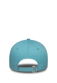 Light blue adjustable baseball cap viewed from the back with a fabric strap and metal buckle closure.