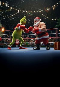 Personnages de dessin animé, le Grinch en fourrure verte et le Père Noël en rouge, s'affrontant au boxe dans un ring avec des gants, lumières festives et public en arrière-plan.