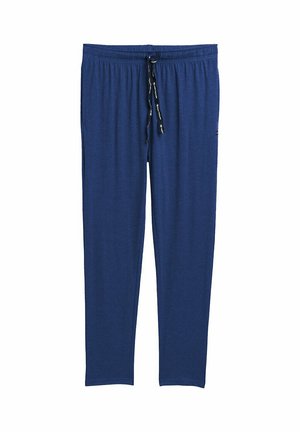 Pantalones jogger de punto azul con cinturilla elástica, cordón ajustable y un corte holgado. Textura suave con bolsillos laterales.