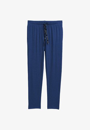 Niebieskie dresowe spodnie z dzianiny z elastycznym pasem, regulowanym sznurkiem i luźnym krojem. Miękka tekstura z bocznymi kieszeniami.