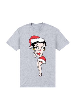 Grå t-shirt med en tegneseriefigur i en rød kjole og julesok, pyntet med hvid pelskant og højhælede sko.
