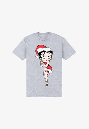 Grå t-shirt med en tegneseriefigur i en rød kjole og julesok, pyntet med hvid pelskant og højhælede sko.