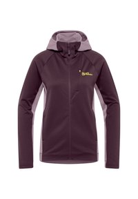 Paarse en lichtgrijze zip-up jas met een capuchon, voorzien van een textuurdesign, zijzakken en een klein logo op de borst.