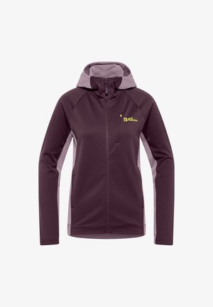 Paarse en lichtgrijze zip-up jas met een capuchon, voorzien van een textuurdesign, zijzakken en een klein logo op de borst.