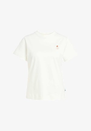 Bijela pamučna majica s kratkim rukavima, okruglim izrezom i izvezom figure s crvenom kosom na lijevoj strani prsnog područja.