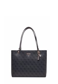 Zwarte synthetische tote bag met een gestructureerd oppervlak, goudkleurige hardware, dubbele handvaten en een afneembare logo charme.
