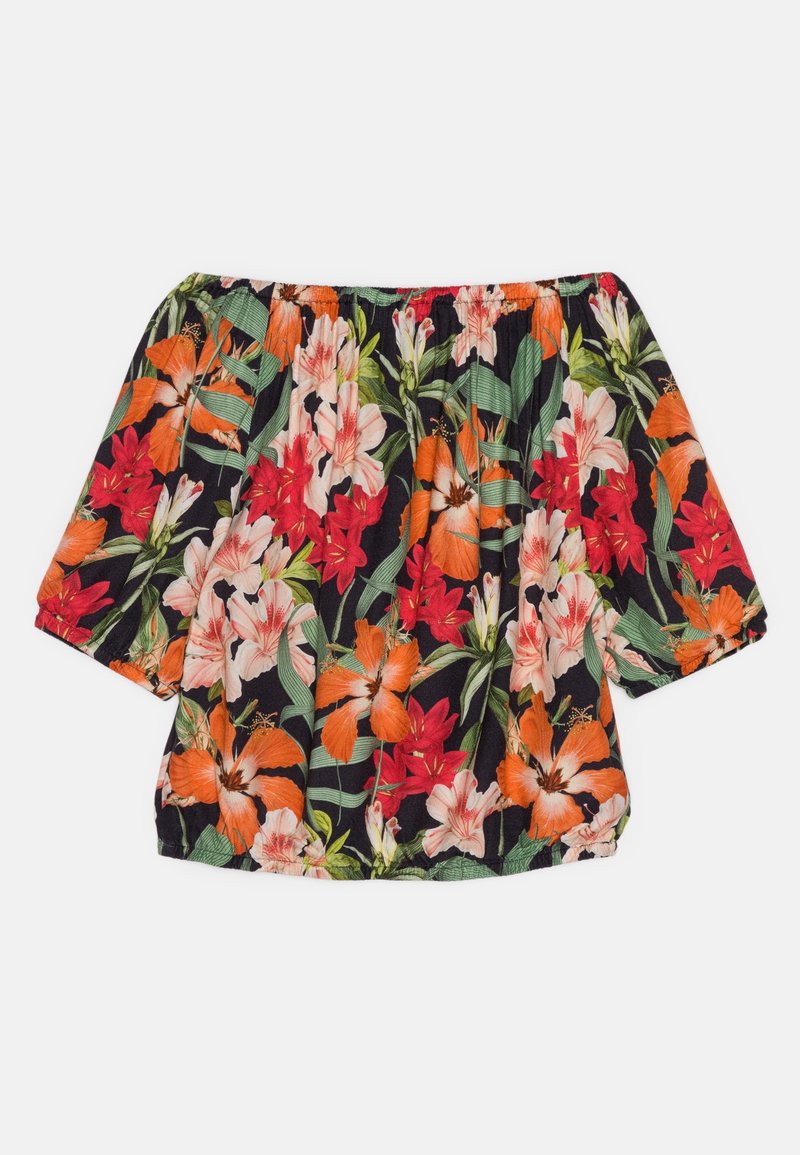 Blouse à épaules dénudées avec encolure et ourlet élastiques, présentant un motif floral avec de grandes fleurs orange, rouges et roses sur fond noir.