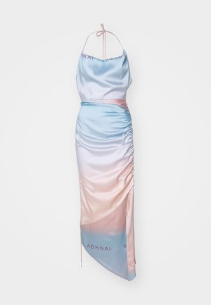 Satin dress with pastel blue to pink gradient, halter neckline, gathered side detail, and decorative text at the hem.
