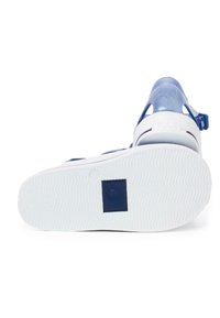 Blue and white sandal with a rubber sole, featuring a structured upper, adjustable strap, and textured detailing on the surface.