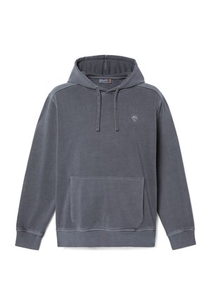 Dunkelgrauer Herren-Pullover mit Kapuze, Fronttasche, Kordelzug an der Kapuze, gerippten Bündchen und kleinem Timberland-Baum-Logo auf der Brust.