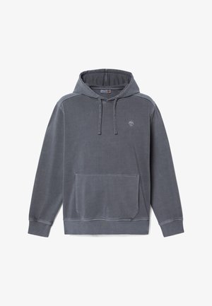 Dunkelgrauer Herren-Pullover mit Kapuze, Fronttasche, Kordelzug an der Kapuze, gerippten Bündchen und kleinem Timberland-Baum-Logo auf der Brust.