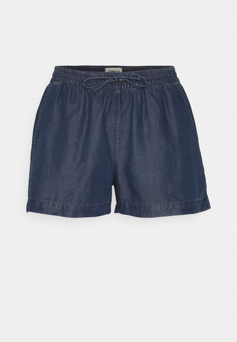 Shorts en jean bleu marine avec une ceinture élastique et un cordon de serrage ajustable. Présente une coupe décontractée et des ourlets cousus pour plus de durabilité.