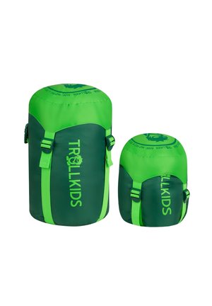 Two green and dark green cylindrical Trollkids sleeping bags compressed in compression sacks of different sizes on white background.