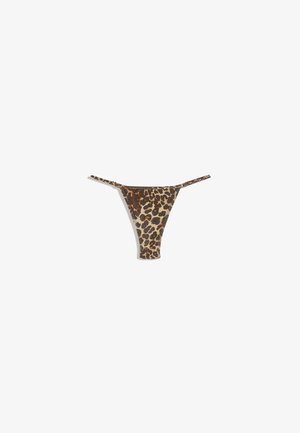 Leopard print bikini bottom with thin adjustable side straps laid flat on a white background.