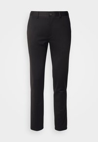 Pantalon noir en tissu lisse avec une coupe droite, doté d'une taille standard, de passants de ceinture et d'une fermeture à un seul bouton.