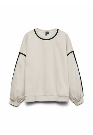 Sweat-shirt beige clair en tissu doux, avec des accents noirs le long du col et des manches, coupe décontractée et poignets froncés.