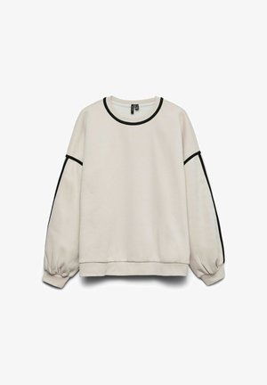 Felpa beige chiaro realizzata in tessuto morbido, con dettagli neri lungo il colletto e le maniche, vestibilità comoda e polsini arricciati.