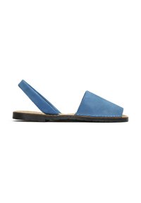 Blue leather slingback sandal with an open toe, flat dark sole, and stitching detail along the upper edge. Simple design and texture.