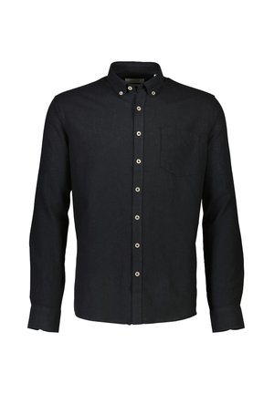 Napapaita, joka on valmistettu tummansinisestä pellavakankaasta, jossa on terävä kaulus, etutasku ja vaaleanbeigeitä nappeja edessä. Pitkät hihat, joissa on nappiőrhelä.