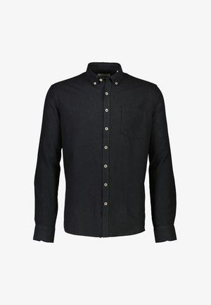 Camicia a maniche lunghe in lino blu scuro, con colletto a punta, taschino frontale e bottoni beige lungo la parte anteriore. Maniche lunghe con polsini abbottonati.