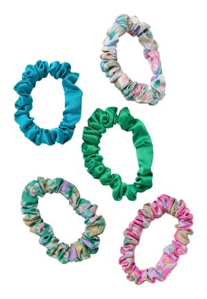 Five elastic fabric scrunchies in solid teal and green, and floral patterns with pastel pink, blue, and green tones on a white background.