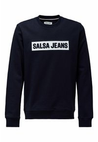 Sudadera azul marino hecha de mezcla de algodón, con un logo rectangular blanco "SALSA JEANS" mostrado de manera prominente en el frente.