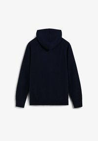 Sudadera con capucha azul marino, textura suave, mangas largas, puños y dobladillo acanalados, diseño minimalista sin marca ni acentos visibles.