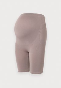 Maternity shorts in silky, stretch fabric. Light brown color with a high waistband designed to accommodate a growing belly. Smooth texture.