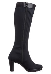 Botas negras hasta la rodilla con un eje de tela ajustada, cierre de cremallera, ribete de cuero suave en la parte superior y un tacón grueso para mayor estabilidad.