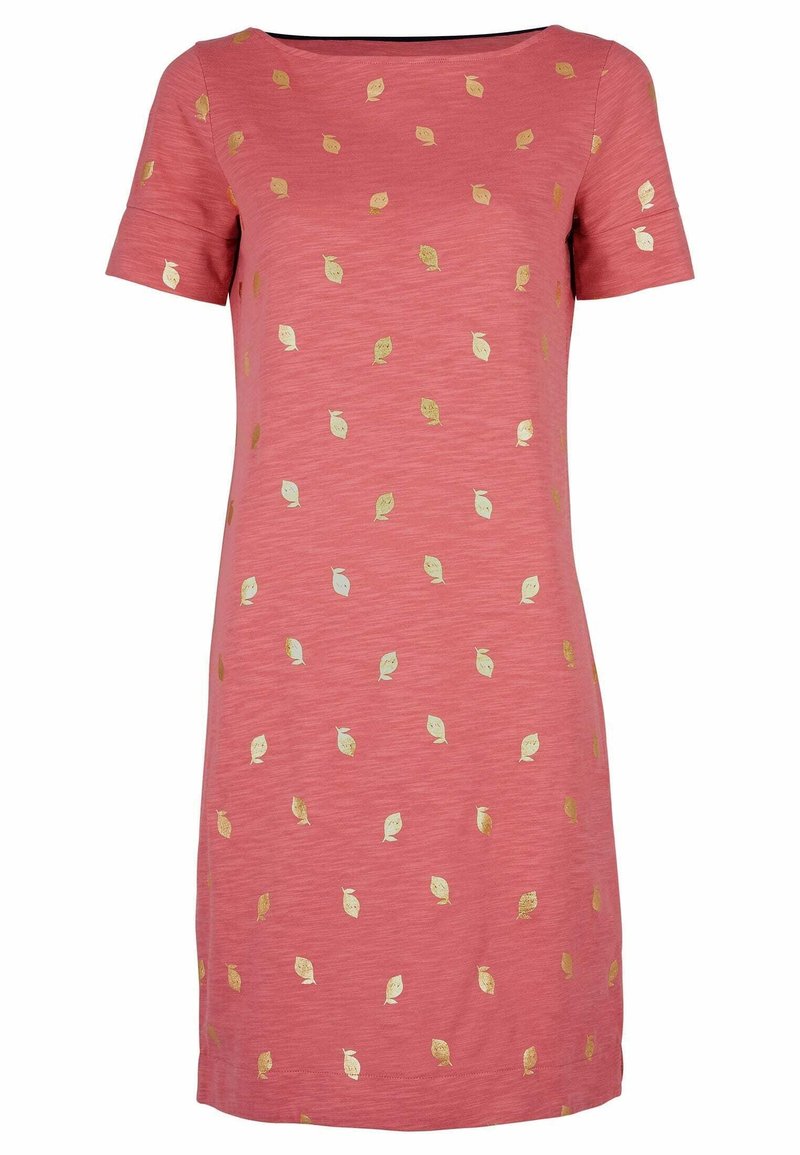 Robe courte corail à manches courtes, coupe droite, décorée de motifs de feuilles métalliques dorées dispersées.